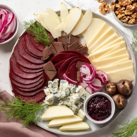 A beautiful Reindeer Charcuterie Platter with a variety of meats, cheeses, and delicious accompaniments.