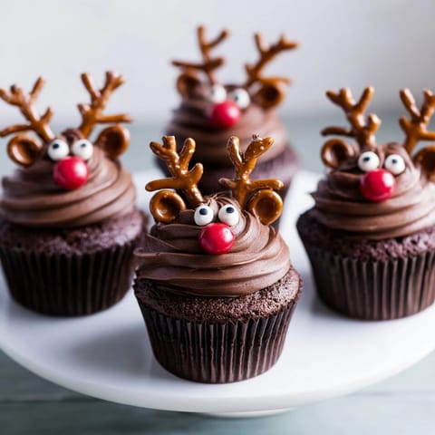 Holiday gathering delight: Delicious reindeer cupcakes with gingerbread antlers on the dessert platter.