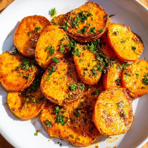 Oven-baked Cajun roasted sweet potatoes, seasoned with smoky paprika, perfect for a vegan meal.