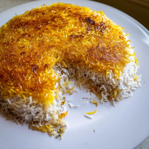 Inverted Persian tahdig rice: imagine the crispy, golden tahdig crust served beautifully on a platter.
