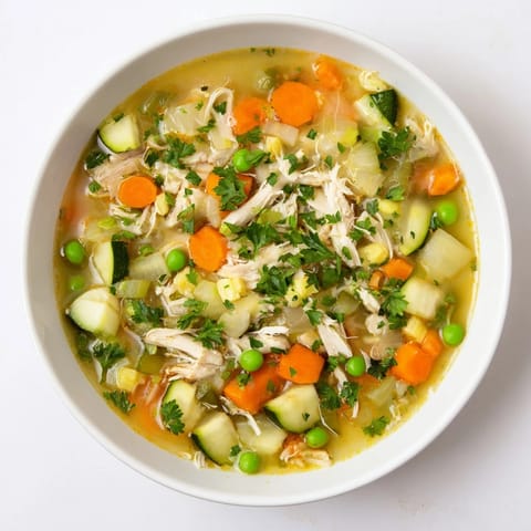 Frische Frühlingsgemüse und zarte Hühnchenstreifen in einer klaren Brühe, garniert mit Petersilie, in einer weiten Schüssel für den schnellen Mittagstisch.