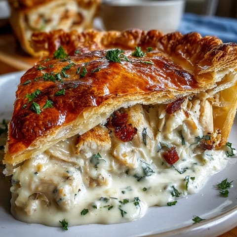 A slice of Chicken and Leek Pie revealing creamy sauce, tender chicken, and sautéed leeks.