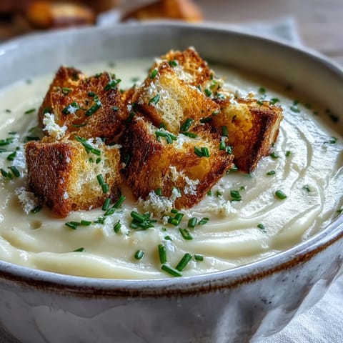 Cream of Potato Soup simmering in a pot, featuring russet potatoes and cream.