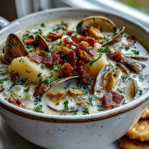 A comforting bowl of New England Clam Chowder, garnished with oyster crackers and a bay leaf on a wooden table.
