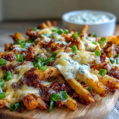 Goldene, kross gebackene Pommes mit BBQ-Gewürzen, reichlich geschmolzenem Cheddar und frischen Frühlingszwiebeln, serviert mit cremiger Ranch-Dip.