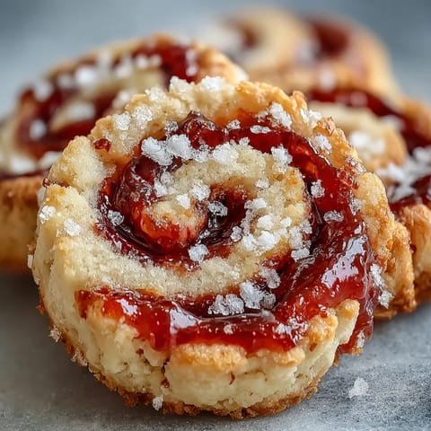 Raspberry Swirl Shortbread Cookies baked to golden edges with raspberry jam centers on a cooling rack.