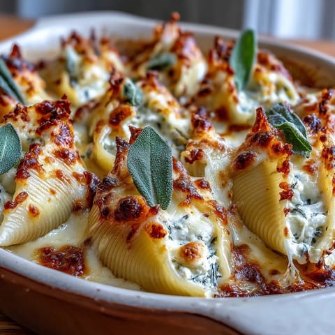 Pumpkin & Gouda Stuffed Shells with Brown Butter & Sage Alfredo Sauce topped with crispy sage leaves and melted cheese in a baking dish.