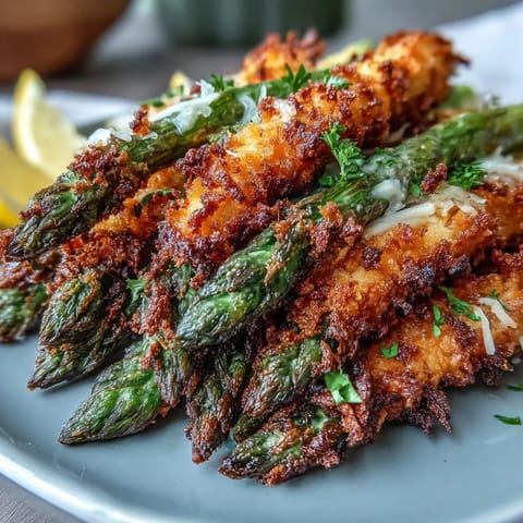 Knusprige panko-Asiago-Kruste an Ofen-Asparagus-Speeren, gewürft mit Knoblauchpulver und Rauchpaprika, frisch gebacken.