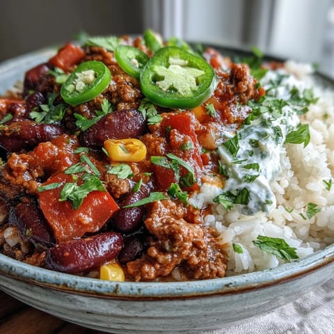 Einfarbige Chili-Bowl mit gekochtem Reis, schwarzen Bohnen, Mais und einer Scheibe Avocado im Schalen auf hellem Hintergrund.