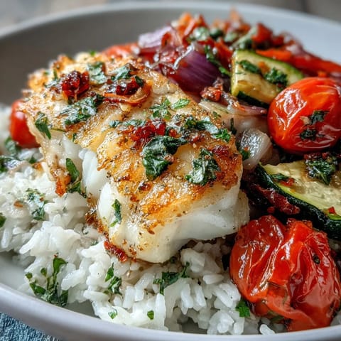 Gericht mit Pan-Seared Fish Bowl: goldbraun gebratener weißer Fisch auf fluffy Reis, mit bunten Ofengemüsen und zitroniger Sauce beträufelt.