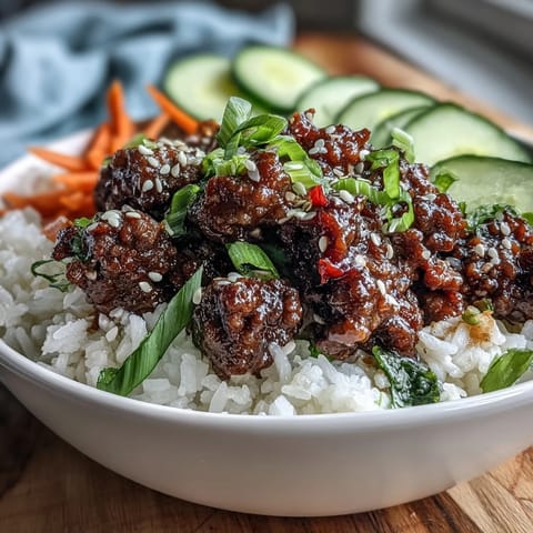 A vibrant Korean Ground Beef Bowl with seasoned meat, jasmine rice, pickled veggies, and sesame seeds garnish.