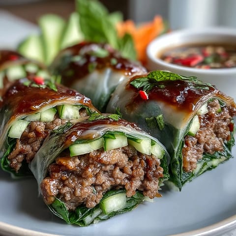 Frische Thai Basilikum Rindfleisch Rolls in Reispapier mit knusprigem Gemüse und würziger Süß-Sauer-Sauce serviert.