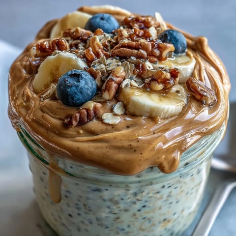 High-Protein Peanut Butter Overnight Oats im Glas mit frischen Erdbeeren und Bananenliebchen garniert