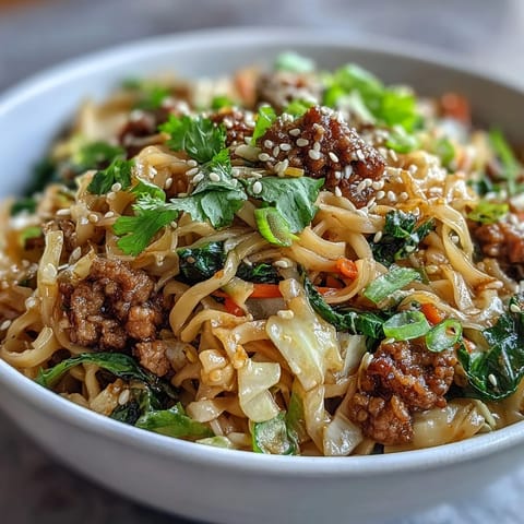 Teller mit Potsticker Noodle Bowls, belegt mit scharfer Chili-Knoblauch-Sauce, Limetten und frischen Kräutern für den Fusion-Abend.
