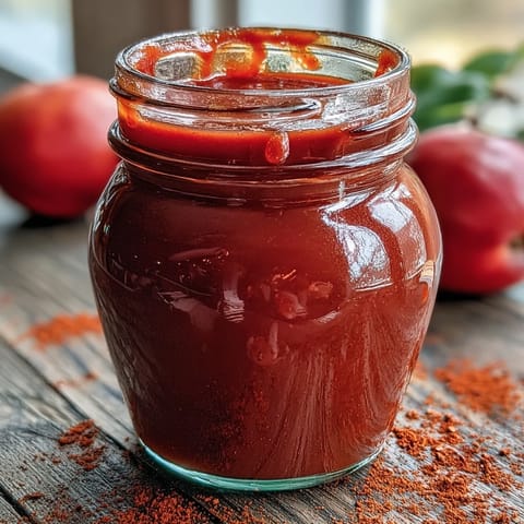 Guava BBQ Sauce From Scratch glänzt in einem Glas, glasig und rubinrot, mit einem Löffel bereit zum Verkosten.