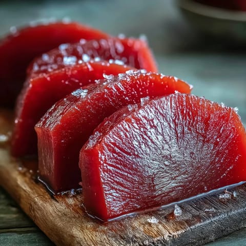 Glattes, rosafarbenes Guava Paste auf einem Holzbrett, perfekt für Käseplatten und Pastelitos.