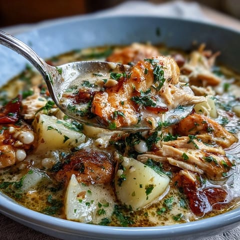 Langsamkoch-Hühnerpastete-Suppe mit cremiger, herzhafter Brühe und zarten Hühnchenstücken.