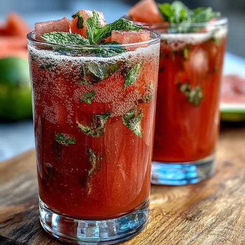 Wassermelonen-Limette-Spritzer mit Minze und Limettenscheiben.