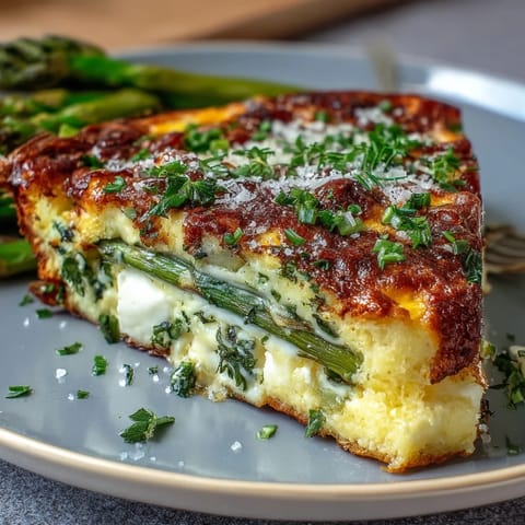 Leichte und fluffige Frittata mit zartem Spargel, cremigem Ziegenkäse und frischen Kräutern – perfekt für ein Frühlingsbrunch.