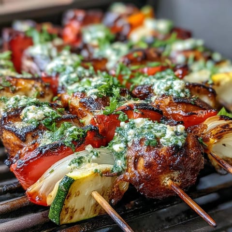 Sommerliche gegrillte Gemüse-Spieße mit frischer Chimichurri-Sauce, perfekt für den Sommer.  