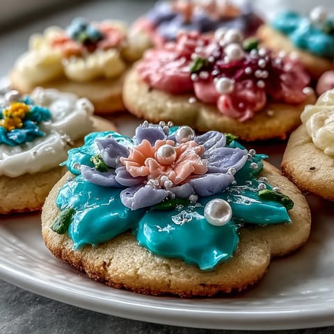Zarte, butterblütenförmige Shortbread-Kekse mit farbenfrohem Royal Icing, perfekt für den Frühling.