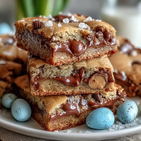 Saftige Peanut Butter Easter Egg Cookie Bars mit bunten Ostereiern belegt.