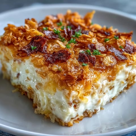 Goldbraune Cheesy Hash Brown Casserole mit knuspriger Cornflakes-Decke und schmelzendem Cheddar.