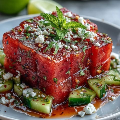 Saftiger Wassermelonen-Cucumbersalat mit Tajin und Limette - ein erfrischender Sommergenuss mit fruchtiger Süße und würziger Note.