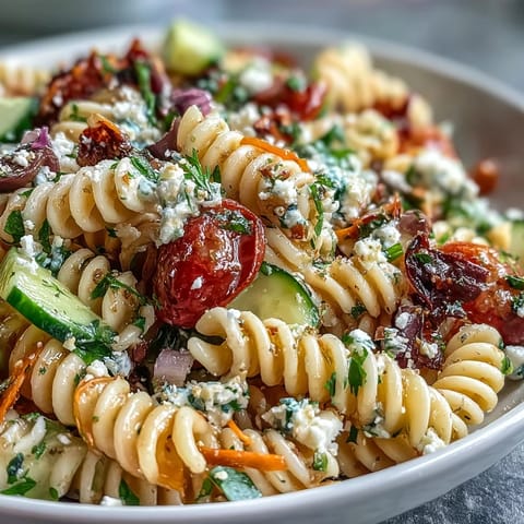 Farbige Nudelsalat mit italienischem Dressing und knackigem Gemüse für den Memorial Day.
