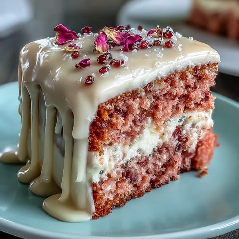 Rosé-Velvet-Kuchen mit Gold-Drip für die Brautparty: Ein zartes rosa Samtkuchen mit cremiger Frischkäse-Frosting und eleganter essbarer Goldtropfen-Dekoration.  