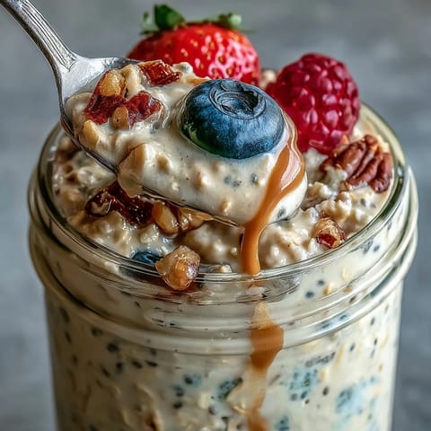 Frühstücksfotos von High Fiber Overnight Oats, garniert mit bunten frischen Früchten.