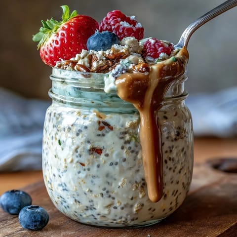 Cremige High Fiber Overnight Oats mit Chia, Flachs und Beeren, perfekt serviert.