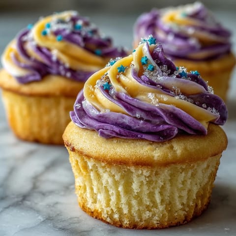 Feiern Sie mit diesen luftigen Vanilla Cupcakes mit dual-farbigem Frosting-Wirbel.