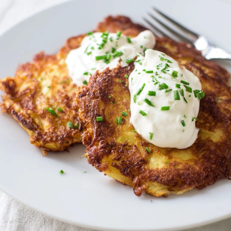Warm, freshly fried German potato pancakes, topped with cool sour cream and chives.