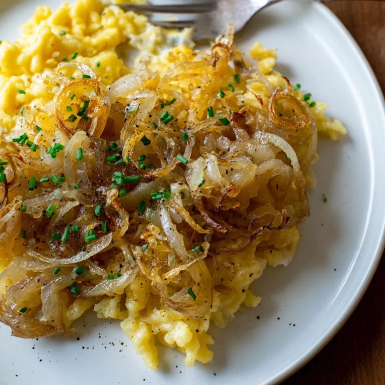 Gebackene Käse-Spätzle in einer würzigen Käsesauce, ideal als Hauptgericht serviert.  