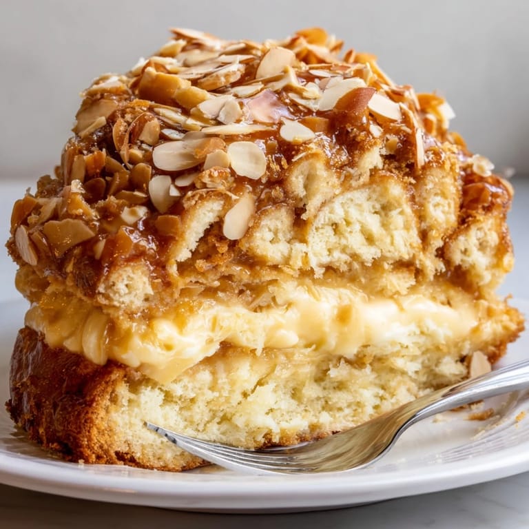 Ein Stück Bee Sting Cake, golden gebacken, duftet verführerisch nach Honig und Mandeln.