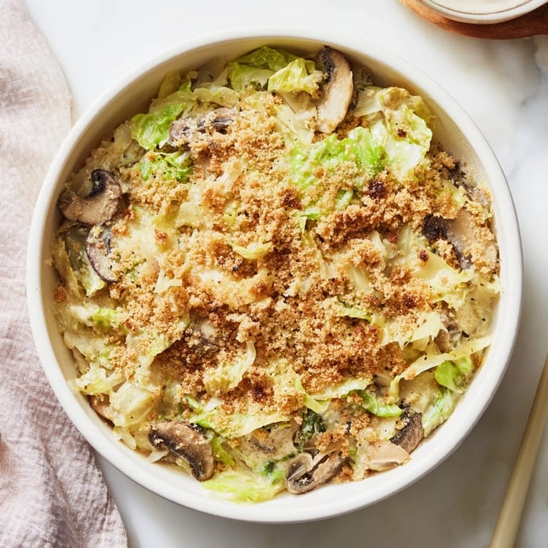 Warmes, gemütliches Gericht mit zartem Kohl, Pilzen und leckerer Käseschicht.