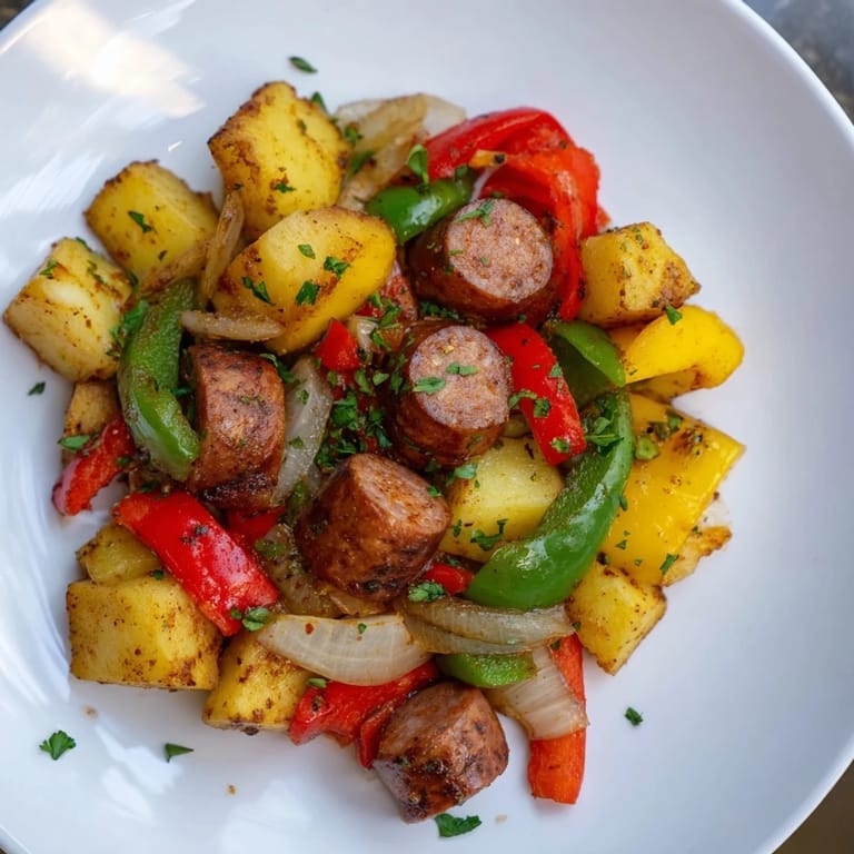 Smoky One-Pot Kielbasa and Potato Bake, served steaming hot from the oven with fresh parsley.