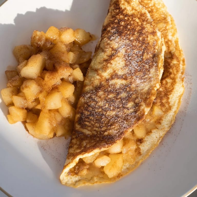 Fluffy, golden Quarkkeulchen, a delicious German pancake, ready for serving with sweet apple compote.