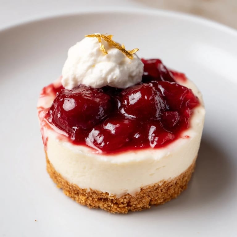 Close-up of creamy Kirsch-Rococo mini cheesecakes with a crunchy almond cookie crust visible.