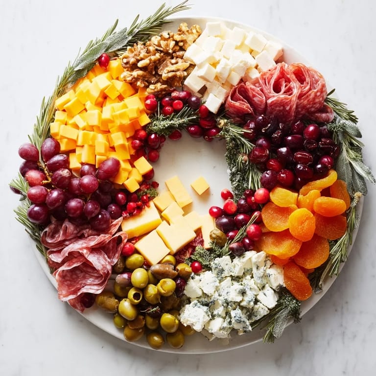 A close-up of a vibrant Holiday Wreath Cheese Platter, ready to serve with crackers and inviting flavors.