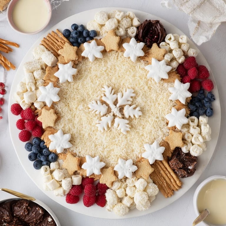 Close-up of a festive Snowflake Dessert Board, showcasing sugar cookies and fresh berries.