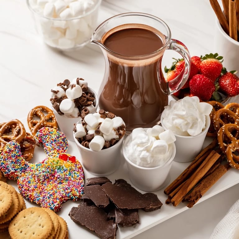 Warm Cozy Bear Hot Cocoa Board showcases a whimsical arrangement of treats alongside steaming hot cocoa.