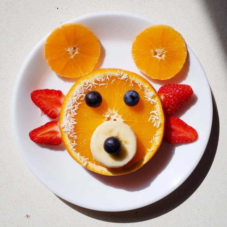 Vibrant Orange Slice Bear Faces made with fruit, blueberries, and optional chocolate chips, enticing kids' snack.
