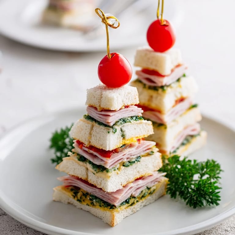 Delicious mini sandwiches, ham and cheese Christmas Tree Towers, with a cherry tomato "star", ready to serve.