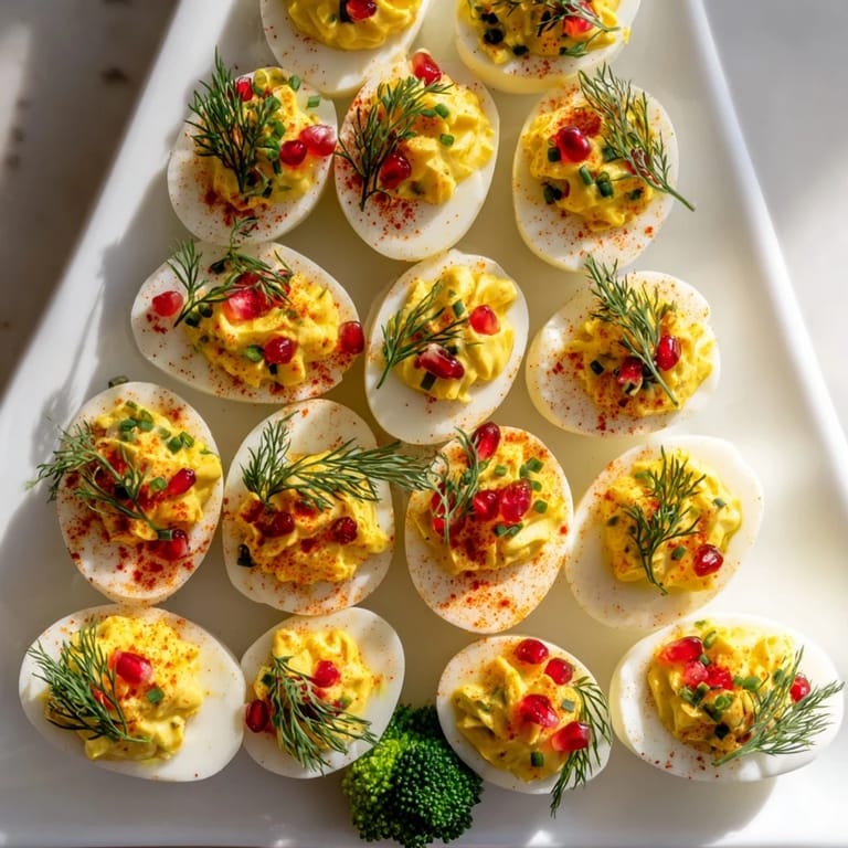 A beautifully arranged platter of Christmas Tree Deviled Eggs, perfect for a holiday party appetizer.