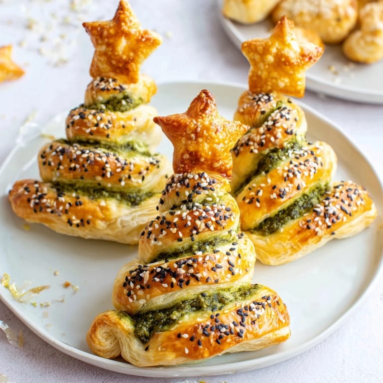 Savory puff pastry Christmas tree, twisted with branches, ready to serve for a festive appetizer.