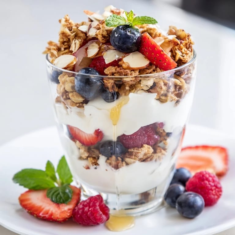 A vibrant close-up of a yogurt and granola parfait, showing the layers of fresh ingredients.