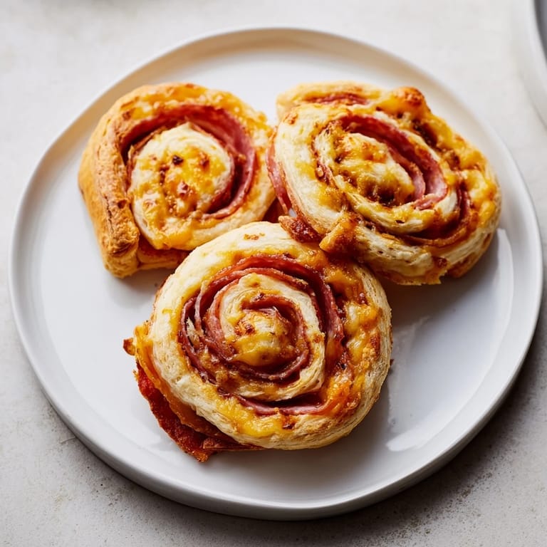 Close-up of flaky Sliced Cheddar and Salami Scrolls, showing the cheesy, salami filling and golden crust.