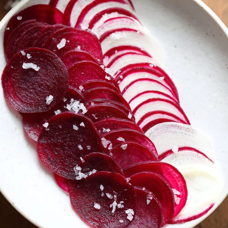 Dünne Radieschen Scheiben, bestreut mit Meersalz, ein köstlicher veganer Leckerbissen.